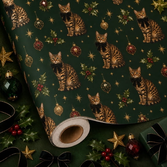 Christmas Wrapping Paper Roll Bengal Cat Holiday Paper Gift Wrap for Cat Lovers