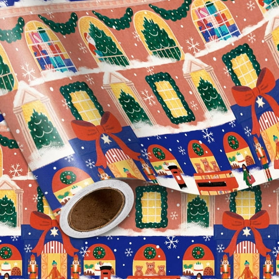Christmas Wrapping Paper Roll, Blue Holiday Street Window with Christmas Trees Gifts Nutcrackers Reindeer, Winter Wonderland Xmas Seasonal Decor, for Kids Family, Mini Roll 17 in x 16.4 Ft