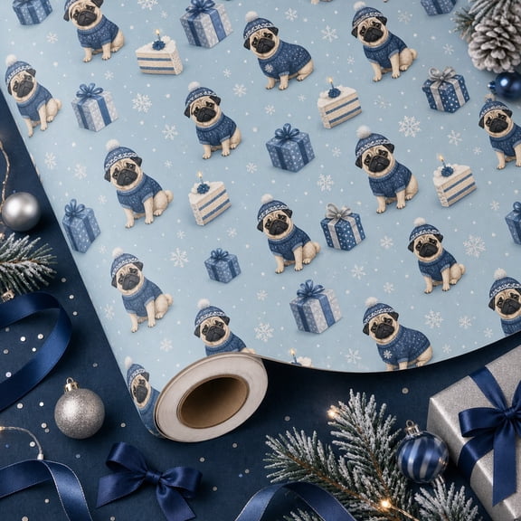 Christmas Wrapping Paper Roll Blue Winter Pug Paper Gift Wrap for Dog Lovers