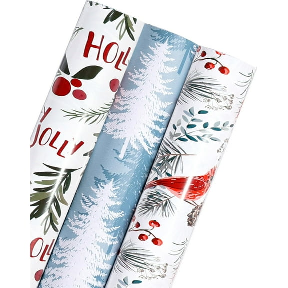 Christmas Wrapping Paper Roll - Christmas Paper with White Bird, Trees and Holly Lettering for Xmas Holiday New Year Party, 3 Rolls , 17 x 120 Inch