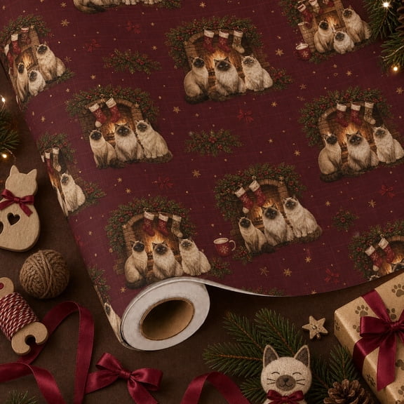 Christmas Wrapping Paper Roll Colorpoint Cat Fireplace Gift Wrap for Cat Lovers
