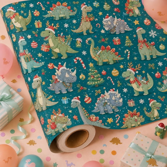 Christmas Wrapping Paper Roll Dinosaur Santa Parade Gift Wrap for Holiday Present Wrapping