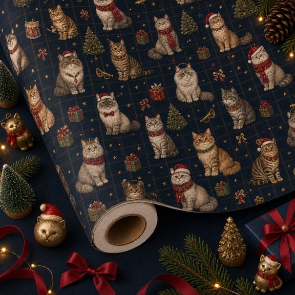 Christmas Wrapping Paper Roll Festive Cat Parade Gift Wrap for Cat Lovers