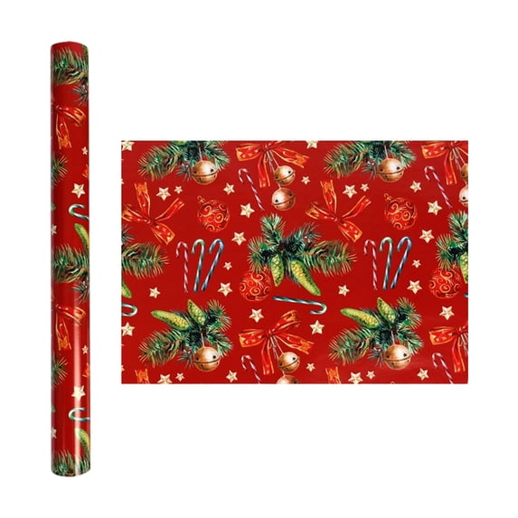Christmas Wrapping Paper Roll, Festive Holiday Gift Wrap with Candy Canes & Bells Print, Colorful Xmas Coated Wrapping Paper for Holiday Gift Packaging, 118"×17"