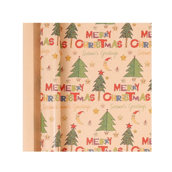 Christmas Wrapping Paper Roll with Festive Tree and Star Pattern, 17-Inch X 10-Foot Roll, Brown Kraft Base with Colorful Holiday Print for Gift Wrapping