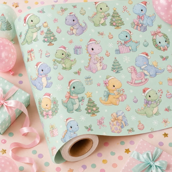 Christmas Wrapping Paper Roll Gift, Pastel Dino Holiday Gift Wrap for Christmas Present Wrapping