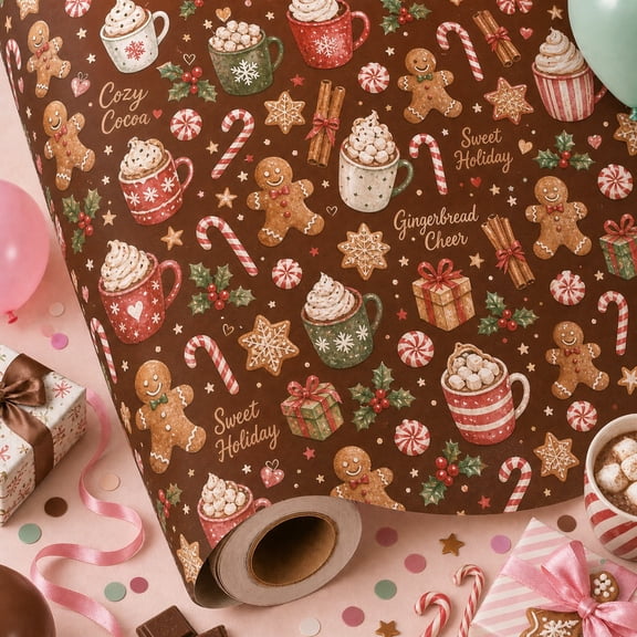 Christmas Wrapping Paper Roll Gingerbread Cocoa Party Gift Wrap for Holiday Presents
