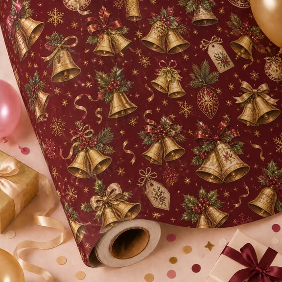 Christmas Wrapping Paper Roll Golden Bells Paper Gift Wrap for Holiday Presents