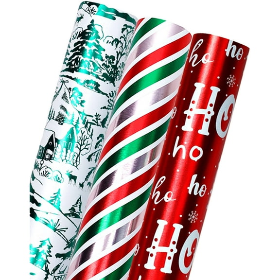 Christmas Wrapping Paper Roll, Green Red Metallic Foil Shine Paper - Village/Stripe/HO Print for Gift Wrap, Arts Crafts - 17 x 120 inches - 3 Rolls