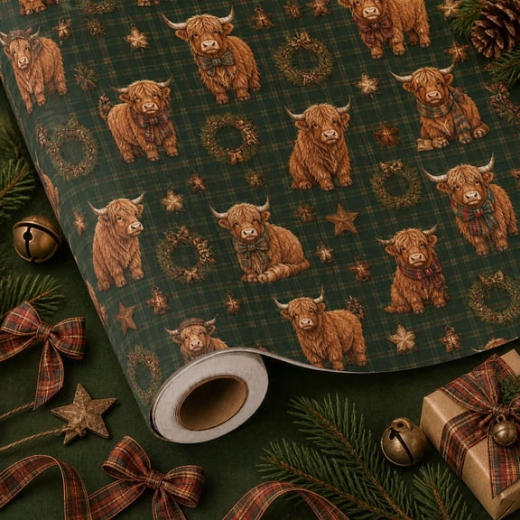 Christmas Wrapping Paper Roll Highland Cow Plaid Pattern Gift Wrap for Rustic Holiday Gifting