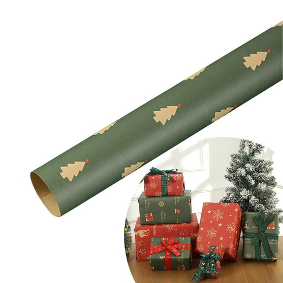 Christmas Wrapping Paper Roll,Kraft Wrapping Paper for Holiday Xmas,Gift Wrapping Paper for Men Women,Gift Wrap with Snowflake,Stockings,Trees Designs,19.6x27.5 Inch(Green Tree)