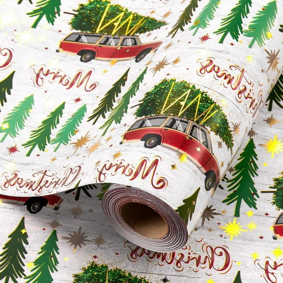 Christmas Wrapping Paper Roll - Metallic Foil Shine Cars, Trees and Letters Gift Wrap Set Design for Christmas, New Year Celebration, Holiday - Mini Roll - 17 Inch x 33 Feet