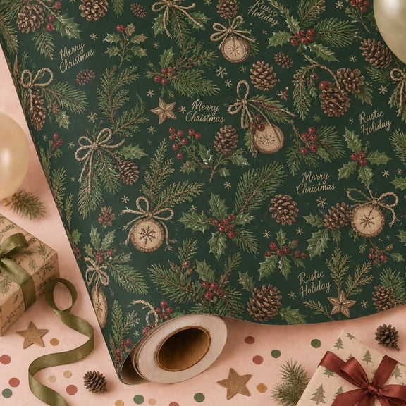 Christmas Wrapping Paper Roll Pinecone Evergreen Gift Wrap for Rustic Holiday Presents