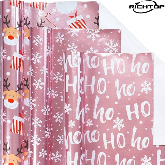 Christmas Wrapping Paper Roll, Pink Metallic Foil Shine Paper - Snowflakes/Santa Claus/HO Print for Gift Wrap, Arts Crafts - 17 x 120 inches - 3 Rolls