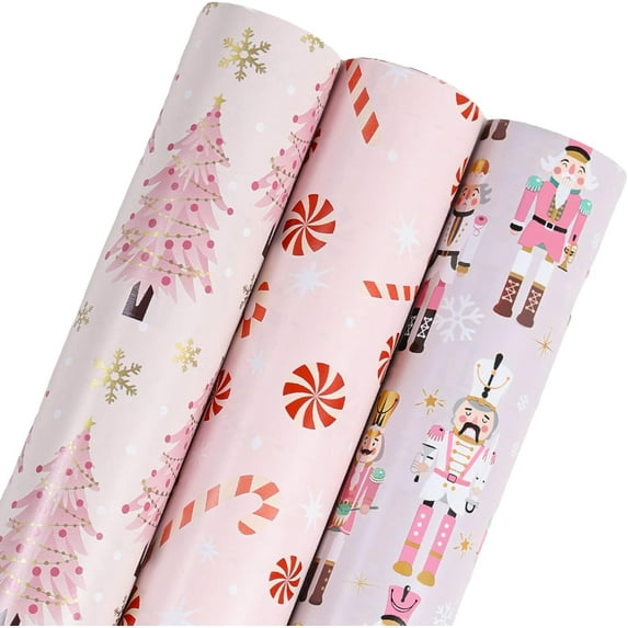 Christmas Wrapping Paper Roll - Pink Nutcracker Candy Cane Christmas Tree Gift Wrapping Paper for Xmas,Birthday,Seasonal Winter Holiday Party - 3 Mini Roll -17in x 120in Per Roll(42.3 sqft)