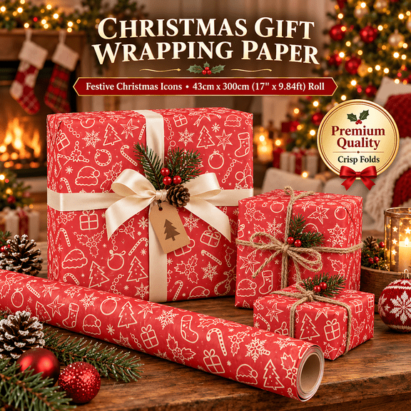Christmas Wrapping Paper Roll, Red Festive Holiday Gift Wrap, 17 in x 9.84 ft, Tear Resistant, Natural Kraft Reverse Side, Christmas Tree Snowflake Santa Holly Design, Xmas Wrapping Paper