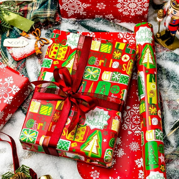 Christmas Wrapping Paper Roll Red Santa Claus Presents Winter Gift Wrap Paper for Holiday New Year, 58x23in, 1 Roll