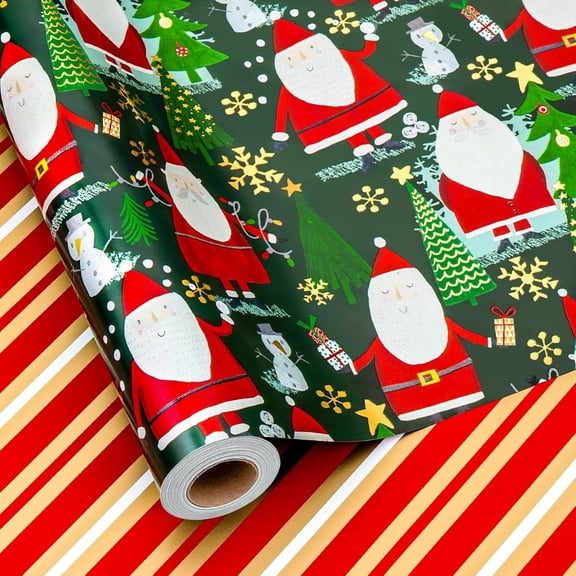 Christmas Wrapping Paper Roll, Reversible Green Santa Wrapping Paper, Christmas Tree,Snowman Holiday Gift Wrap with Metallic Foil Shine, Festive Gift Packaging (Mini Roll, 17 Inch X 33 Feet)