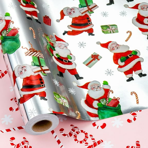 Christmas Wrapping Paper Roll, Silver Wrapping Paper, Reversible Funny Santa Claus Theme Christmas Gift Wrap with Metallic Shine for Holiday, Gift Packaging, Celebrations (17 Inch X 33 Feet)