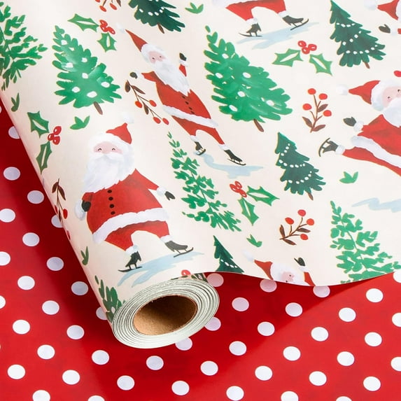Christmas Wrapping Paper Roll - Skating Santa and Trees & Red Polka Dot Reversible Gift Wrap Design for Christmas, New Year Celebration, Holiday - Mini Roll - 17 Inch x 33 Feet