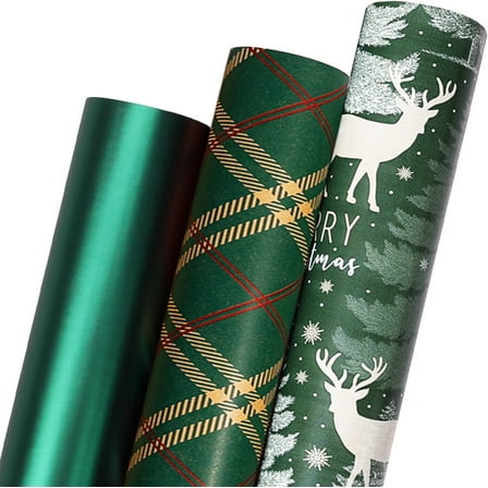 Christmas Wrapping Paper Roll - Vintage Green Kraft Christmas Paper for Holiday New Year Party, 3 Rolls , 17 x 120 Inch