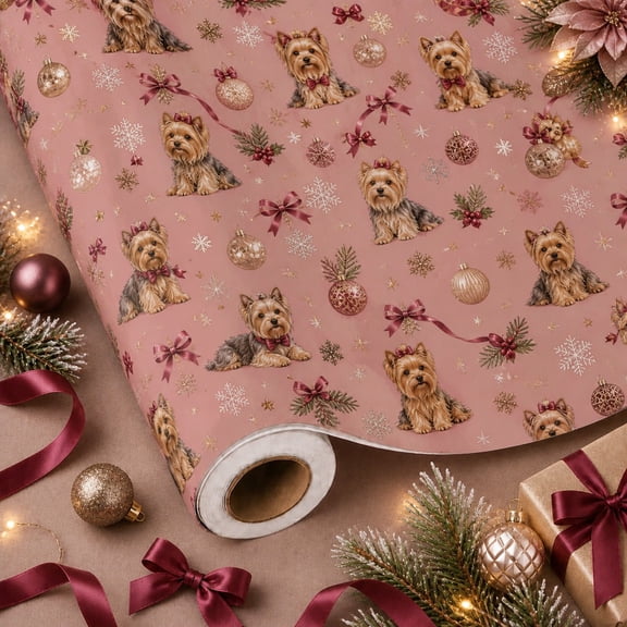Christmas Wrapping Paper Roll Yorkshire Terrier Glam Gift Wrap for Dog Lovers