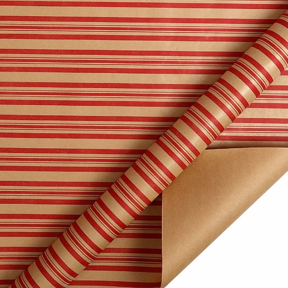 Christmas Wrapping Paper Roll with Red and Brown Striped Kraft Design, 17 Inches X 9.8 Feet, 1 Roll for Holiday Gift Wrapping