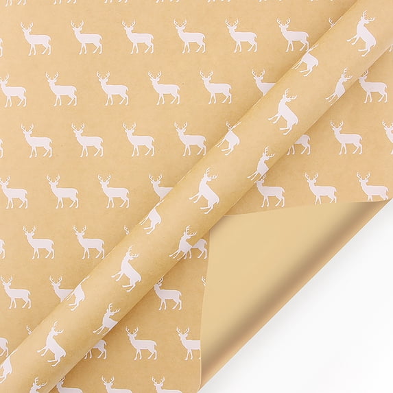 Christmas Wrapping Paper Roll with White Reindeer Pattern, 17 X 9.8 Feet, Kraft Brown, for Holiday Gift Packaging