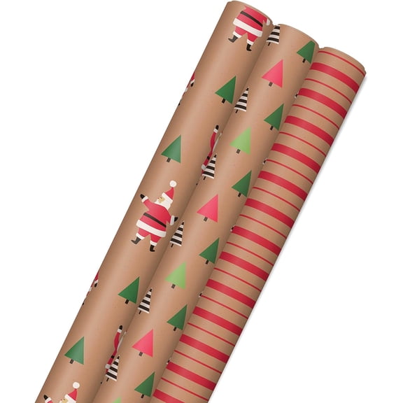 Christmas Wrapping Paper Rolls, Brown Kraft Holiday Gift Wrap (Pack of 3: 90 sq. ft. ttl) Kraft with Santas, Trees, Stripes