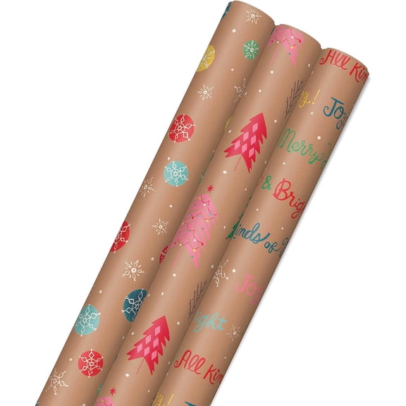 Christmas Wrapping Paper Rolls, Brown Kraft Holiday Gift Wrap (Pack of 3: 90 sq. ft. ttl) Snowflakes, Pink Trees, "All Kinds of Merry"