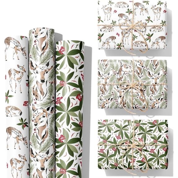 Christmas Wrapping Paper Rolls Green Reindeer Leaves Xmas Tree Watercolor Holiday Gift Wrap Craft Art Paper for Party DIY Wrapping Supplies, 58x23in, 3 Roll