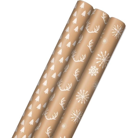 Christmas Wrapping Paper Rolls - Minimalist Brown Kraft Trees, Antlers, Snowflakes Gift Wrap Paper (3 Rolls: 90 sq. ft. ttl.) for Holiday Parties, Hanukkah, Winter Weddings
