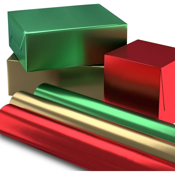 Christmas Wrapping Paper Rolls - Solid Red, Green, Gold Metallic Foil Gift Wrap Paper (Set of 3 Rolls: 60 sq. ft. ttl.) for Holiday Parties, Hanukkah, Winter Weddings