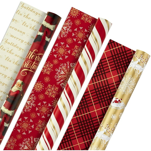 Christmas Wrapping Paper Rolls - Traditional Holiday Gift Wrap Paper (Set of 3 Reversible Rolls: 120 sq. ft. ttl.) Red and Gold Snowflakes, Stripes, Plaid, Santa's Sleigh