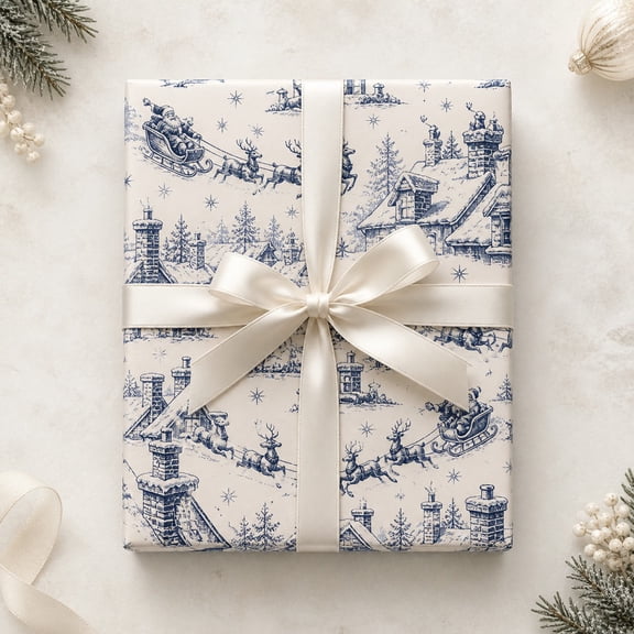Christmas Wrapping Paper Santa Rooftop Toile Gift Wrap for Holiday Presents