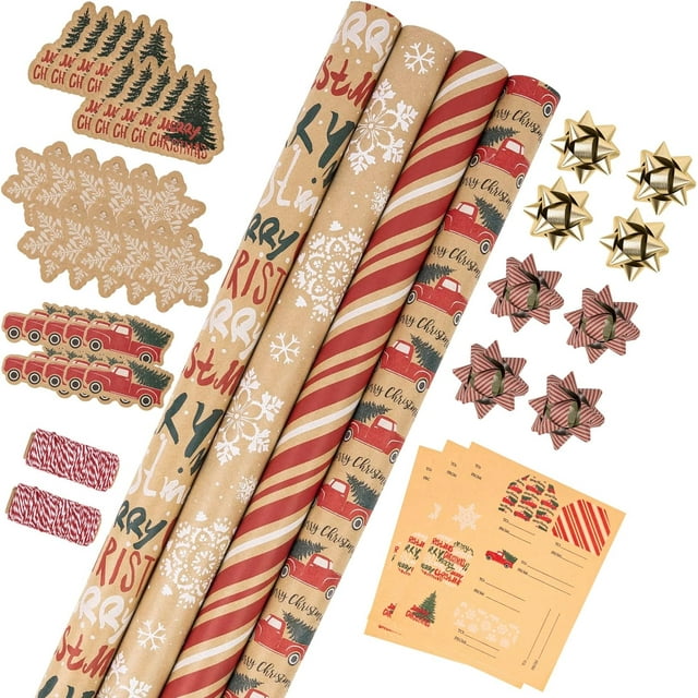Christmas Wrapping Paper Set 4 Rolls of Kraft Wrapping Paper (30