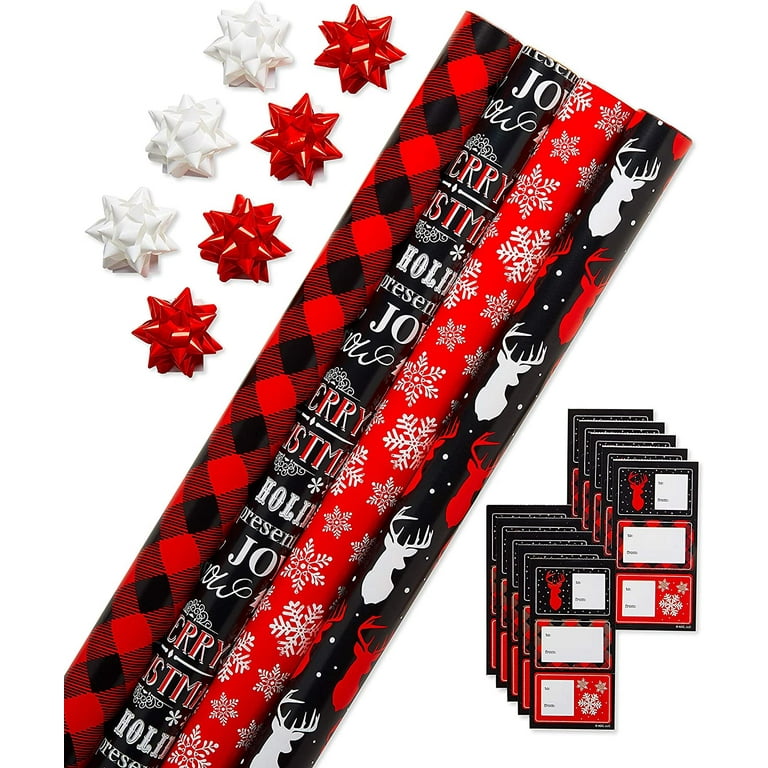 Christmas Wrapping Paper Set - Red, Black and White - Plaid, Reindeer, and  Snowflakes - 4 Rolls with Bows and Gift Tags 