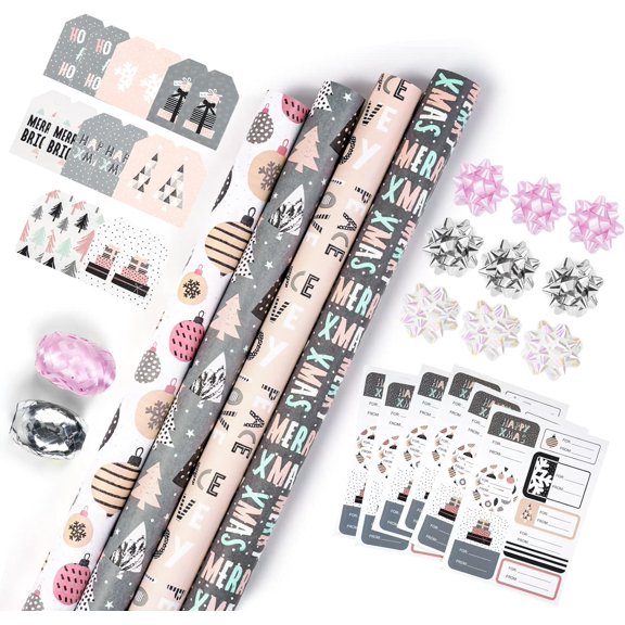 Christmas Wrapping Paper Set - Rustic Kraft Pink and Grey Christmas Kraft Wrapping Paper Bundle with Gift Bow & Ribbon & Tag & Sticker, Perfect for Birthday, Holiday, Party