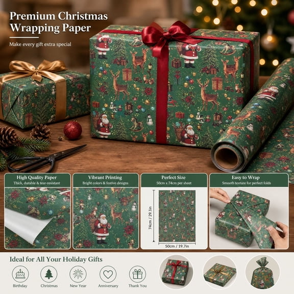 Christmas Wrapping Paper Sheets, 10 Pack Vintage Xmas Gift Wrap with Deer and Santa Claus Prints, Holiday Gift Wrapping Paper for Gift Boxes DIY Crafts Party Decor