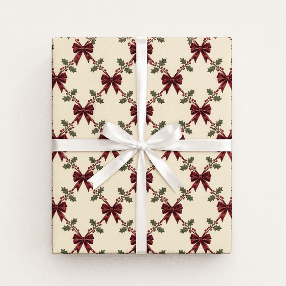 Christmas Wrapping Paper Velvet Bow Holly Lattice Gift Wrap for Holiday Presents