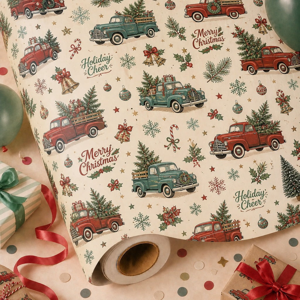 Christmas Wrapping Paper Vintage Holiday Truck Pattern Gift Wrap for Holiday Presents