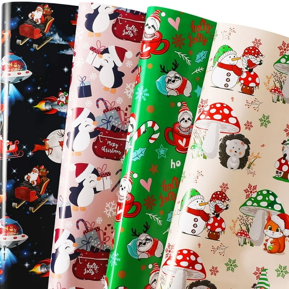 Christmas Wrapping Paper for Boys Girls Kids - 4 Styles Cute Xmas Gift Wrap Paper for Baby Birthday New Year Party - 8 Large Sheets, 27 x 37 inch