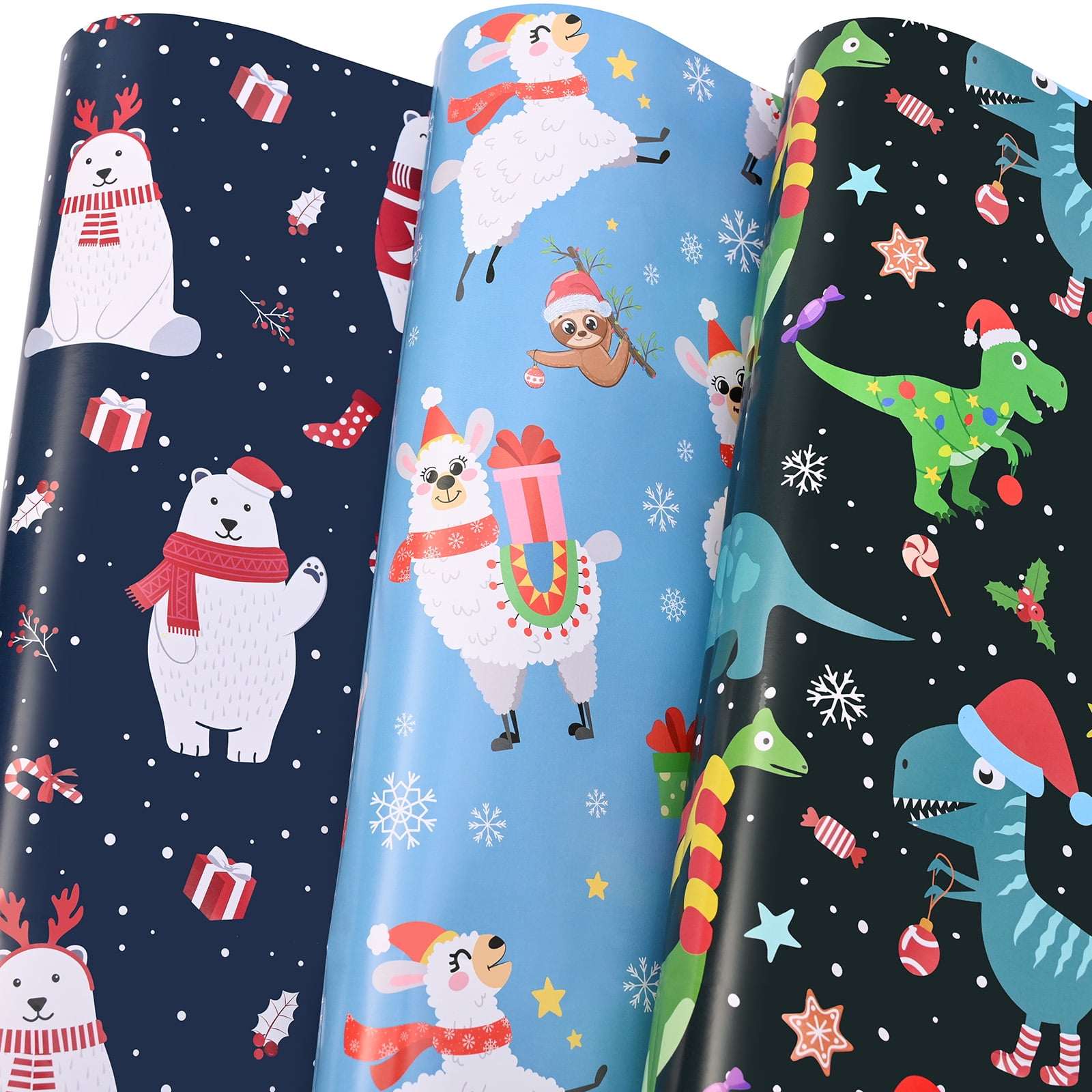 Three sheets of wrapping paper for kids featuring different animals