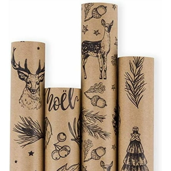 Christmas Wrapping paper - Brown Kraft Paper with Black Christmas Elements Print Paper - 4 Roll-30Inch X 10Feet Per Roll