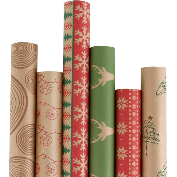 Christmas Wrapping paper - Brown Kraft Paper with Red and Green Pattern For -Christmas Elements Collection-6 Roll-30Inch X 10Feet Per Roll