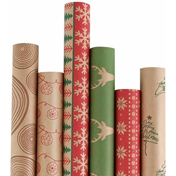 Christmas Wrapping paper - Brown Kraft Paper with Red and Green Pattern For -Christmas Elements Collection-6 Roll-30Inch X 10Feet Per Roll