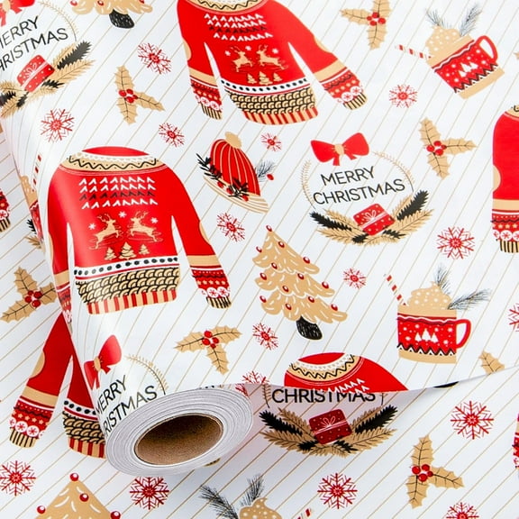 Christmas Wrapping paper Roll, Red and White Gift Wrap, Elegant Christmas Tree, Sweater and Plaid Design Holiday Wrapping Paper for Gift Packaging, Celebrations (Mini Roll, 17 Inch X 33 Feet)
