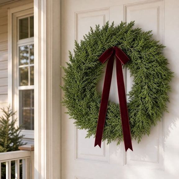 Christmas Wreath, 11.8 in Round Artificial Pine With Burgundy Velvet Bow, Hanging Greenery For Front Door Or Wall