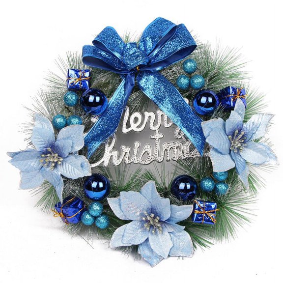 Christmas Wreath, 11.8 inch Winter Silver/Blue Xmas Wreath for Front Door with Bow Gift Ball Ornaments for Holiday Decoration Fireplace Xmas Decor