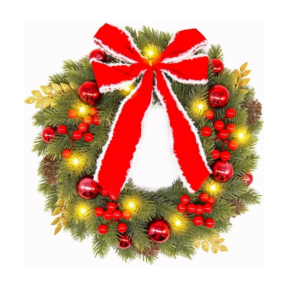 Christmas Wreath 12 Inch Green Artificial Front Door Wreath with Pinecones Berries Balls Red Bow LED Light Decorations for Fireplace Outdoor Indoor Party Wall Home Decor Xmas Wreath Ornament